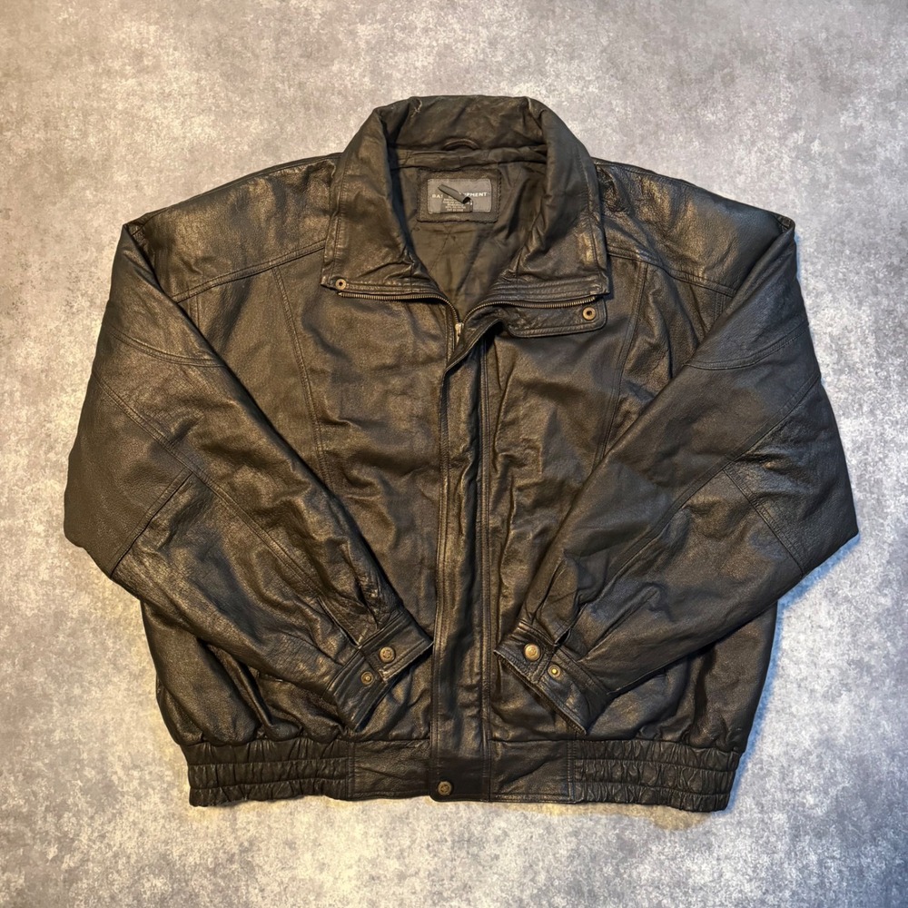 Vintage Basic Equipment Mens‎ 2X Genuine Leather Bomber Jacket Black Full Zip XL